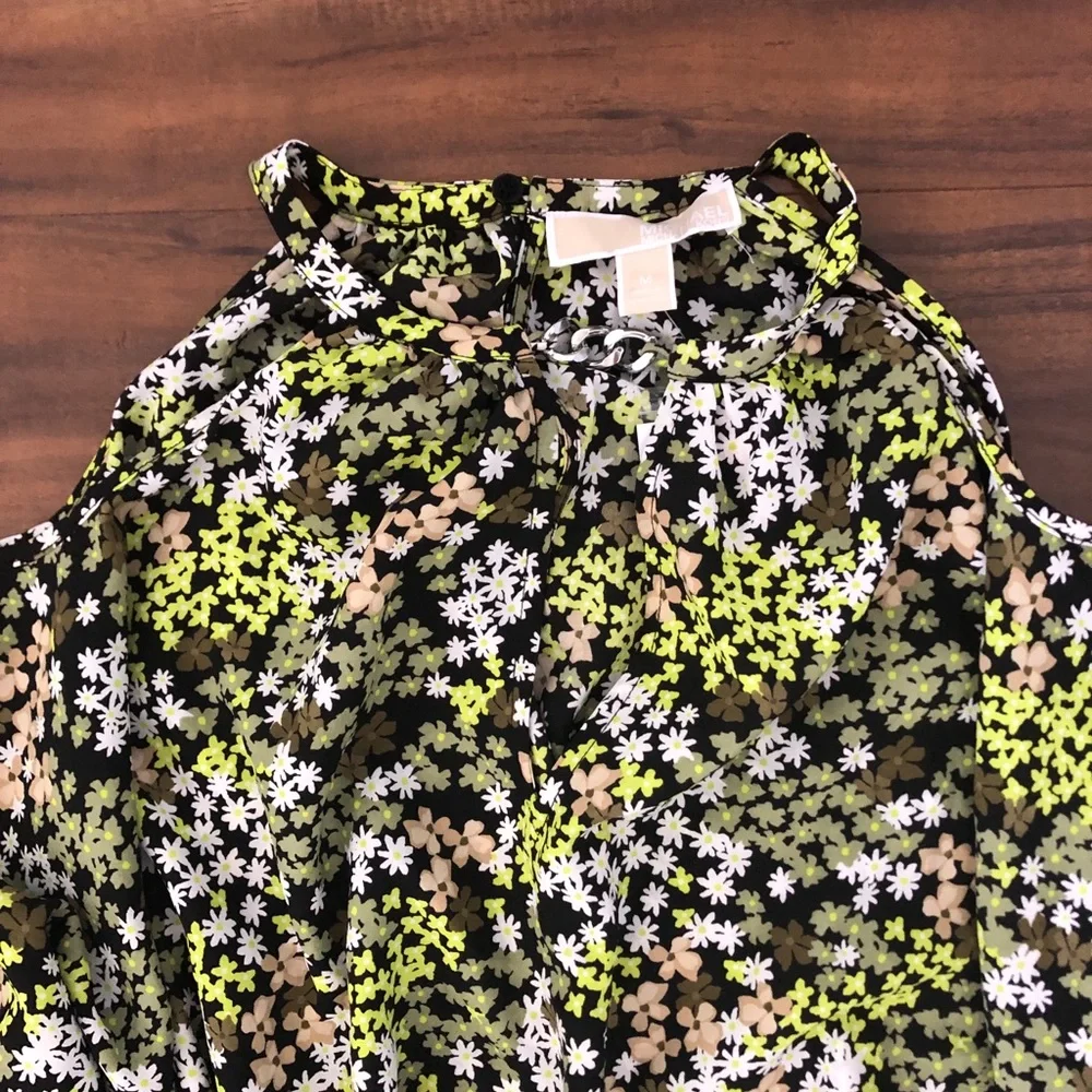 New Michael Kors Blouse Top Cold-Shoulder Handkerchief-Hem Floral